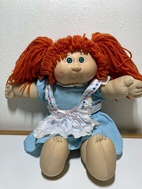 Vintage Cabbage Patch Kid 1982 Green Eyes Red Hair Pony Tails Blue Dress
